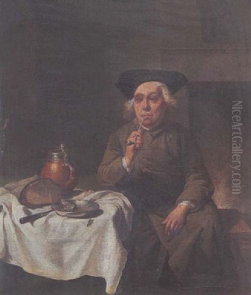 Alter Mann Bei Der Brotzeit Am Tisch Sitzend Und Topfeife Rauchend Oil Painting by Justus Juncker