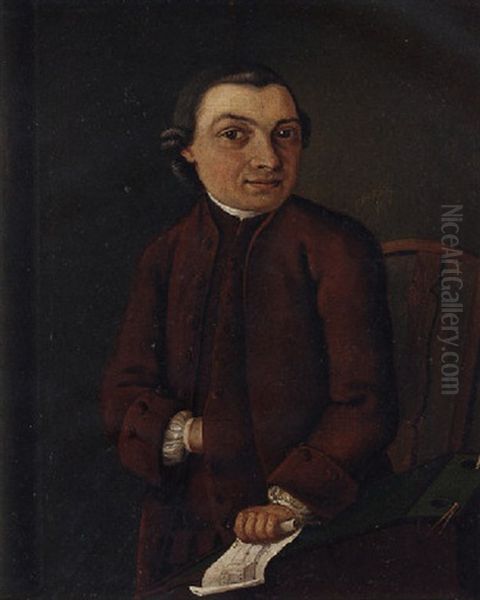 Portrait Of A Cabinet-maker In A Dark Red Coat, Holding A Sketch Of A Piece Of Furniture Oil Painting by Justus Juncker