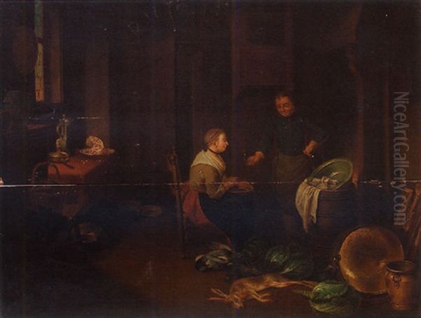 A Kitchen Interior With A Maid Conversing With A Butler Oil Painting by Justus Juncker