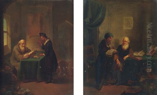 An Interior With Two Men Counting Money At A Table, One With A Pair Of Scales, The Other With An Open Book Oil Painting by Justus Juncker