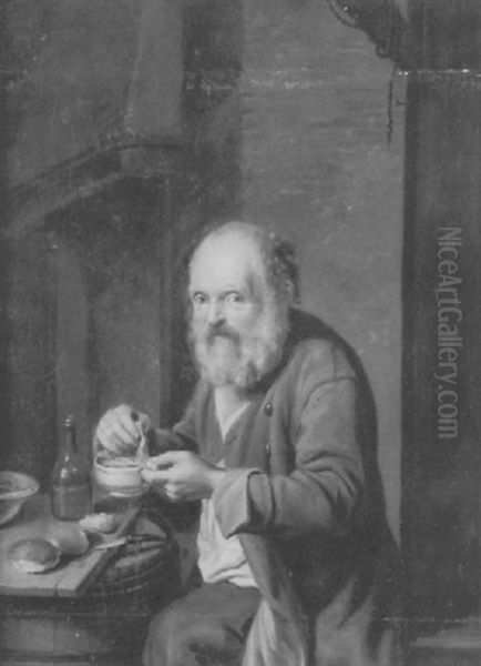 An Old Man Eating At A Table Oil Painting by Justus Juncker