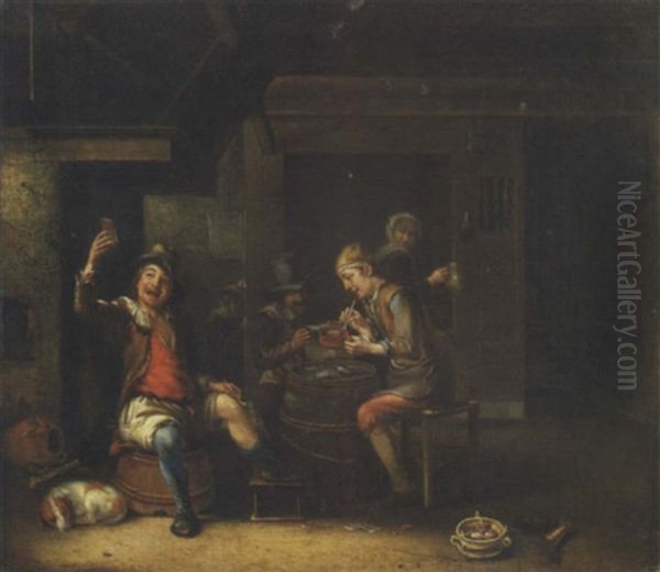 Peasants Playing Cards And Smoking In A Tavern, With A Framed Print Of A Portrait Inscribed Oranje Nassau On A Side Wall Oil Painting by Justus Juncker