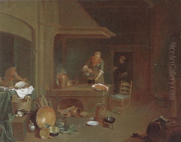 Kuchenintereur Mit Einer Kuchenmagd Und Zwei Gehilfen Oil Painting by Justus Juncker