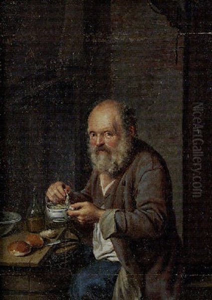 An Old Man Eating At A Table Oil Painting by Justus Juncker