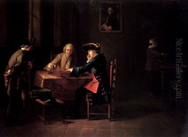 An Interior With Elegant Gentlemen Seated At A Table Playing Backgammon Oil Painting by Justus Juncker