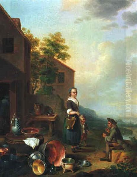 A Peasant Woman Conversing With A Traveller On A Farmyard Oil Painting by Justus Juncker