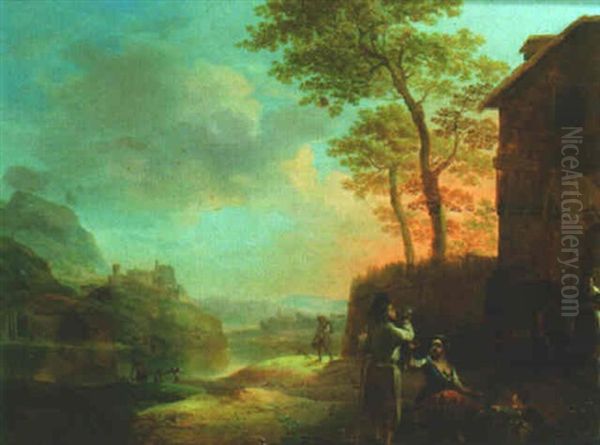 River Landscape With Peasants Drinking Outside An Inn Oil Painting by Justus Juncker