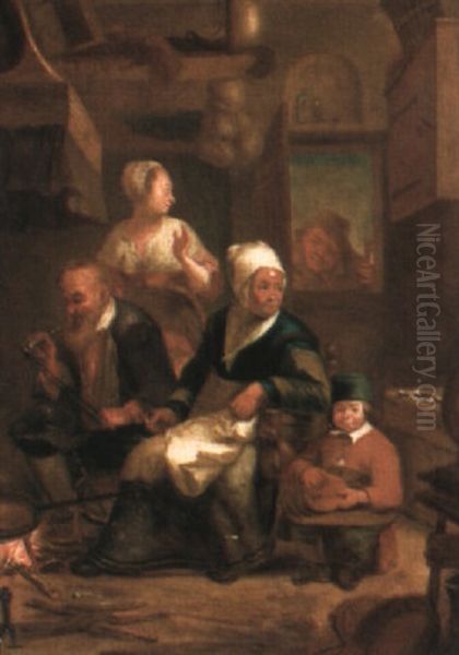 A Family Warming Themselves In Front Of A Fire Oil Painting by Justus Juncker