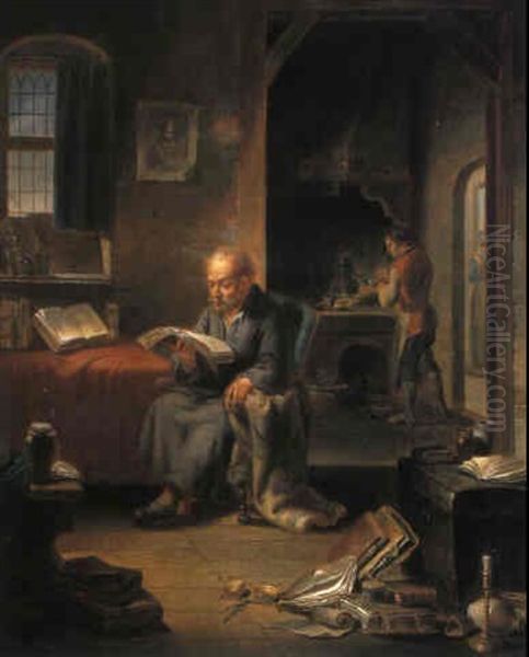 Lesender Wissenschaftler In Seiner Studierstube Oil Painting by Justus Juncker