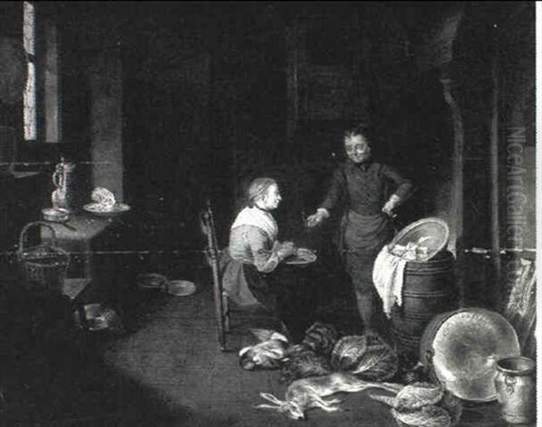 Kitchen Interior With A Scullery Maid And A Youth Preparing Dinner Oil Painting by Justus Juncker