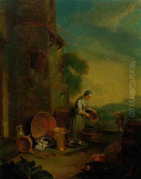 Magd Vor Einem Bauernhaus Oil Painting by Justus Juncker