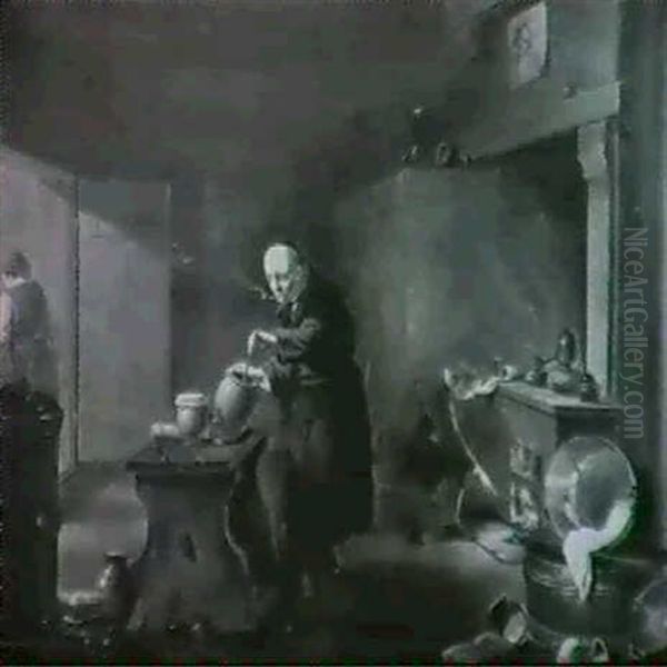 A Cobblers's Shop  An Apothecary Oil Painting by Justus Juncker