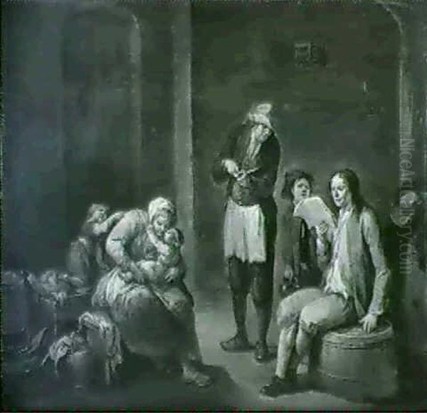 A Man Seated On An Upturned Barrel Reading A Notice To Two  Standing Figures In An Interior... Oil Painting by Justus Juncker