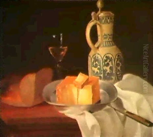 Stilleben Mit Kase, Brot Und Einem Tonkrug Oil Painting by Justus Juncker