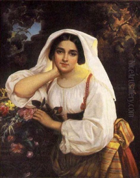 Portrait Of A Maiden With Flowers Oil Painting by Wilhelm Carl Juncker