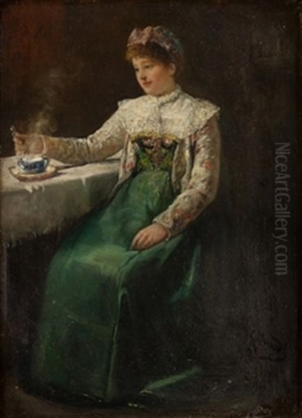 Dama Tomando Te Oil Painting by Gustave Adolf Jundt