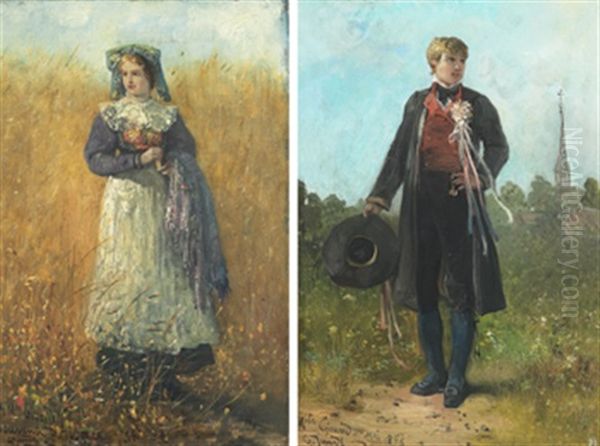 Sur Le Chemin De L'eglise (+ Another, Smllr; Pair) Oil Painting by Gustave Adolf Jundt