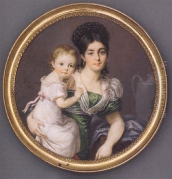 A Mother And Child: The Mother In Green Silk Dress With White Sash And Fichu Scarf, Gold Hoop Earrings, Her Hair Plaited And Upswept, Her Child In White Dress With Pink Sash Oil Painting by Friedrich August Jung