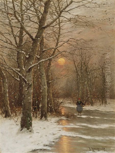 Winter Landscape In The Evening Light Oil Painting by Johann Jungblut