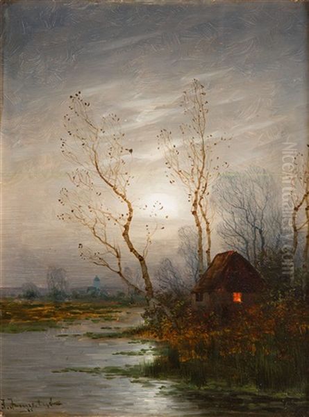 Nocturne With A Hut Oil Painting by Johann Jungblut