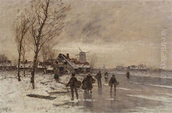 Winter Landscape With Many Figures On The Ice And A Mill In The Background Oil Painting by Johann Jungblut