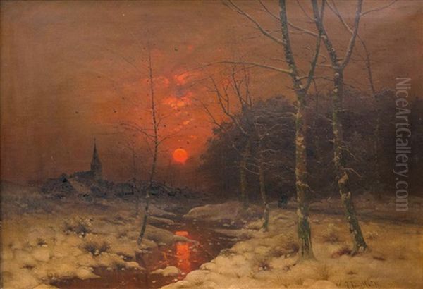 Winterlandschaft Mit Sonnenuntergang Oil Painting by Johann Jungblut