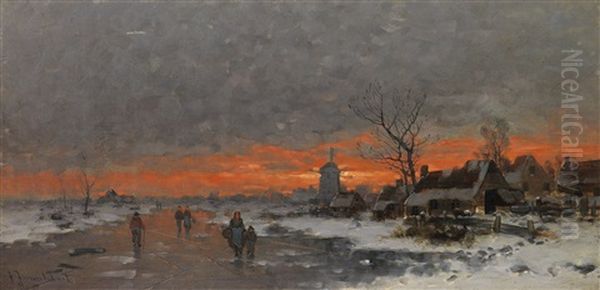 Winterlandschaft Mit Dorfsilhouette Im Abendrot Oil Painting by Johann Jungblut