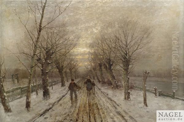 Winterliche Allee Mit Bauernfamilie An Einem Kanal Oil Painting by Johann Jungblut