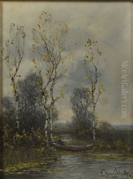 2 Gemalde: A) Wintertag Am Altwasser Mit Krahen; B) Herbstliche Landschaft Mit Boot Auf Kanal Oil Painting by Johann Jungblut