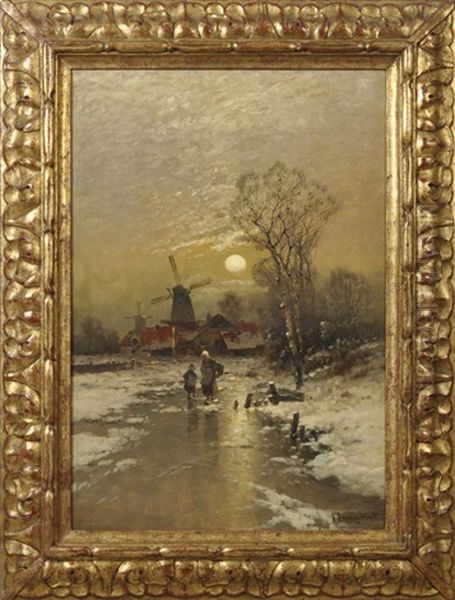 Hollandische Winterlandschaft, Zwei Fusganger Auf Zugefrorenem Kanal Oil Painting by Johann Jungblut