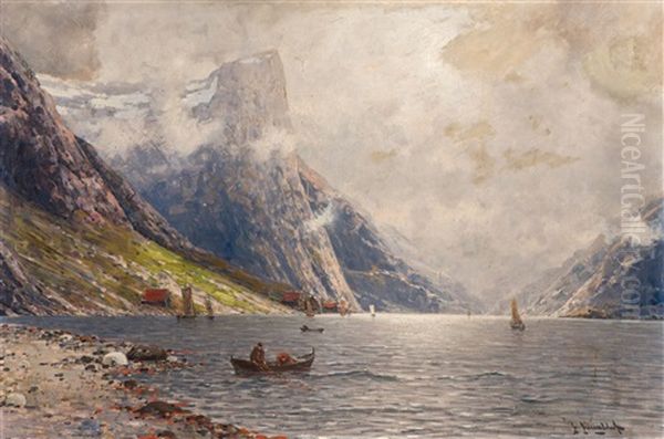 Norwegian Fjord Landscape With A Fishing Boat In The Foreground Oil Painting by Johann Jungblut