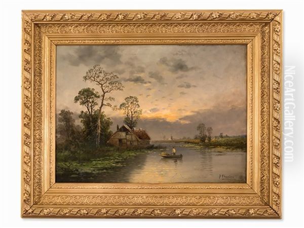 River Landscape At Dusk Oil Painting by Johann Jungblut