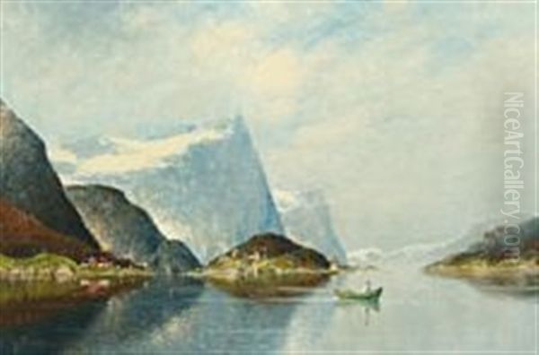 Scenery From A Norwegian Fiord With A Man In A Rowboat Oil Painting by Johann Jungblut