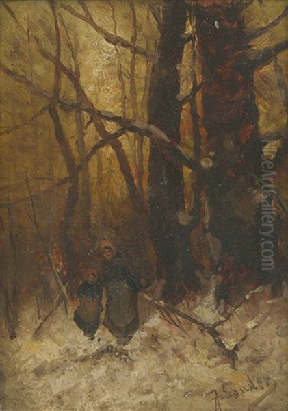 Frau U. Madchen Im Verschneiten Wald Oil Painting by Johann Jungblut