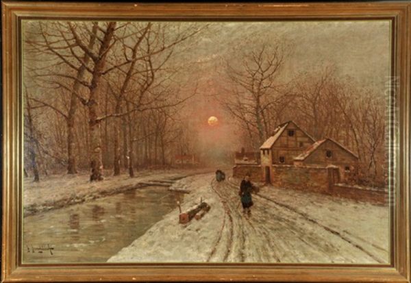 Abendstimmung Uber Winterlicher Dorfstrase Mit Personen Oil Painting by Johann Jungblut