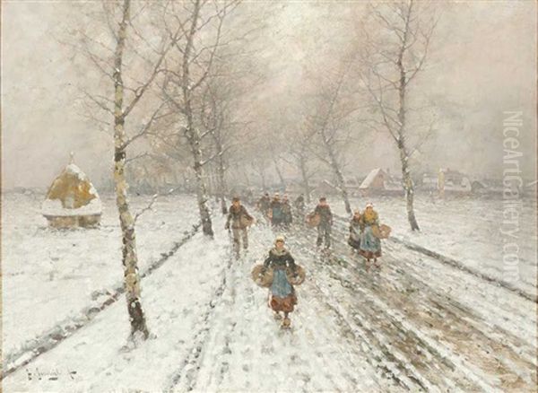 Meisterliche Schilderung Einer Schneebedeckten Birkenallee Mit Zahlreichen Passanten Oil Painting by Johann Jungblut