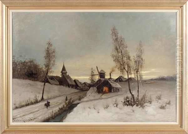 Winterliche Dorfstrase Beim Schein Der Untergehenden Sonne Oil Painting by Johann Jungblut