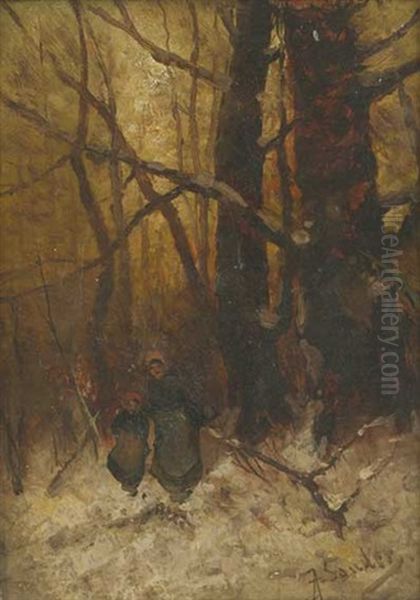 Frau U. Madchen Im Verschneiten Wald Oil Painting by Johann Jungblut