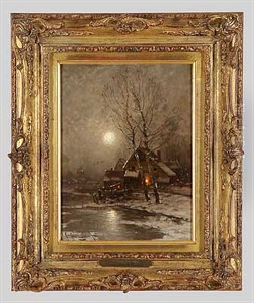 Mondnacht Uber Hollandischem Dorf Im Winter Oil Painting by Johann Jungblut