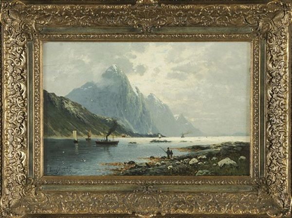 Norwegische Fjordlandschaft Oil Painting by Johann Jungblut