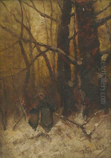 Frau Und Madchen Im Verschneiten Wald Oil Painting by Johann Jungblut