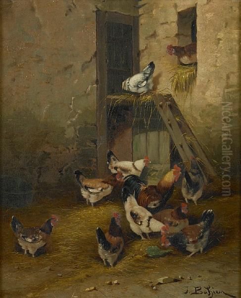 A Barnyard Scene With Chickens Oil Painting by Jules Bathieu