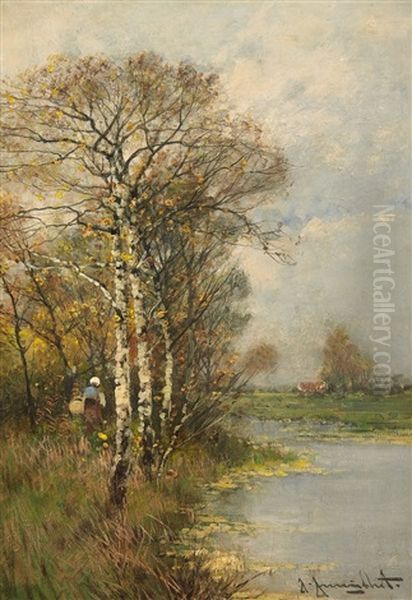 A River Landscape In Autumn (+ A River Landscape In Winter; 2 Works) Oil Painting by Johann Jungblut