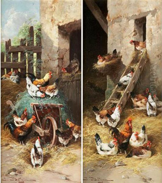 Chickens Oil Painting by Jules Bathieu