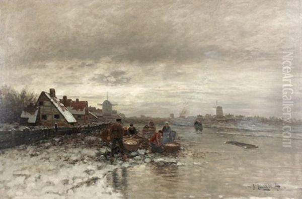 Winterlicher Fischmarkt Am Zugefroreren Fluss Oil Painting by Johann Jungblut