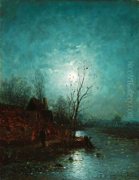 Moonlit Nocturnal Cityscape Oil Painting by Johann Jungblut