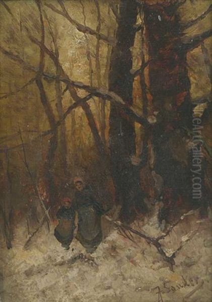 Frau Und Madchen Im Verschneiten Wald Oil Painting by Johann Jungblut