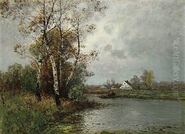 Landscape With Birch Trees By A Lakeshore And Two Men In A Boat Oil Painting by Johann Jungblut