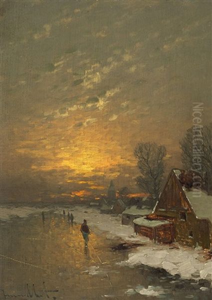 Coastal Landscape In The Evening; Ice Fishing (pair) Oil Painting by Johann Jungblut