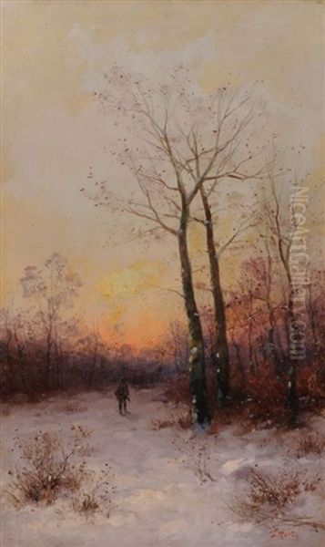 Jager Im Abendlichen Winterwald Oil Painting by Johann Jungblut